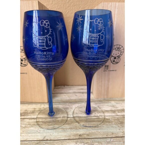 2 X Hello Kitty Kiriko Wine Glass Blue w/ Wooden Box Sanrio Japan 2017 - Picture 3 of 12